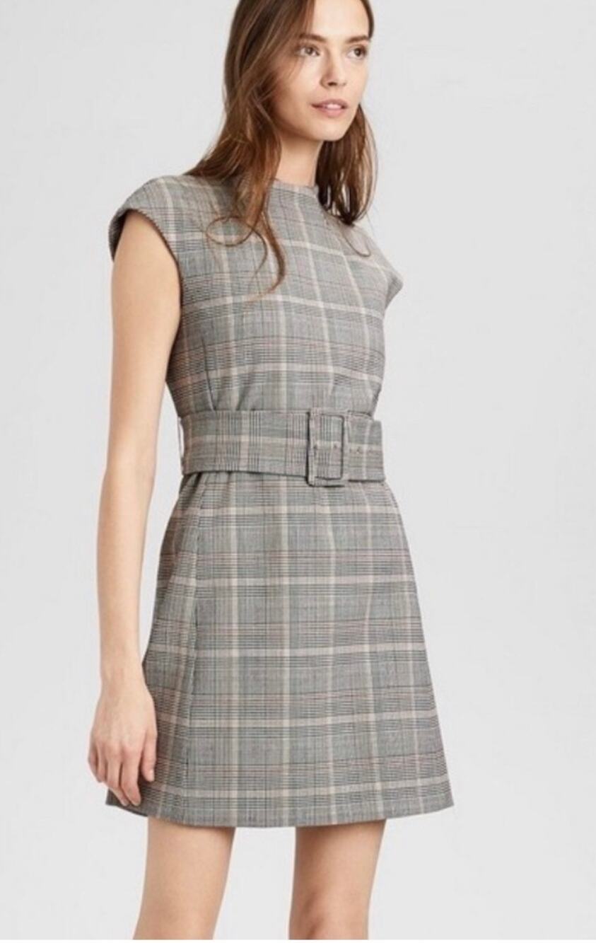 Theory Mod Belt Plaid Multi Wool Mini Dress Classic Office Women's 2